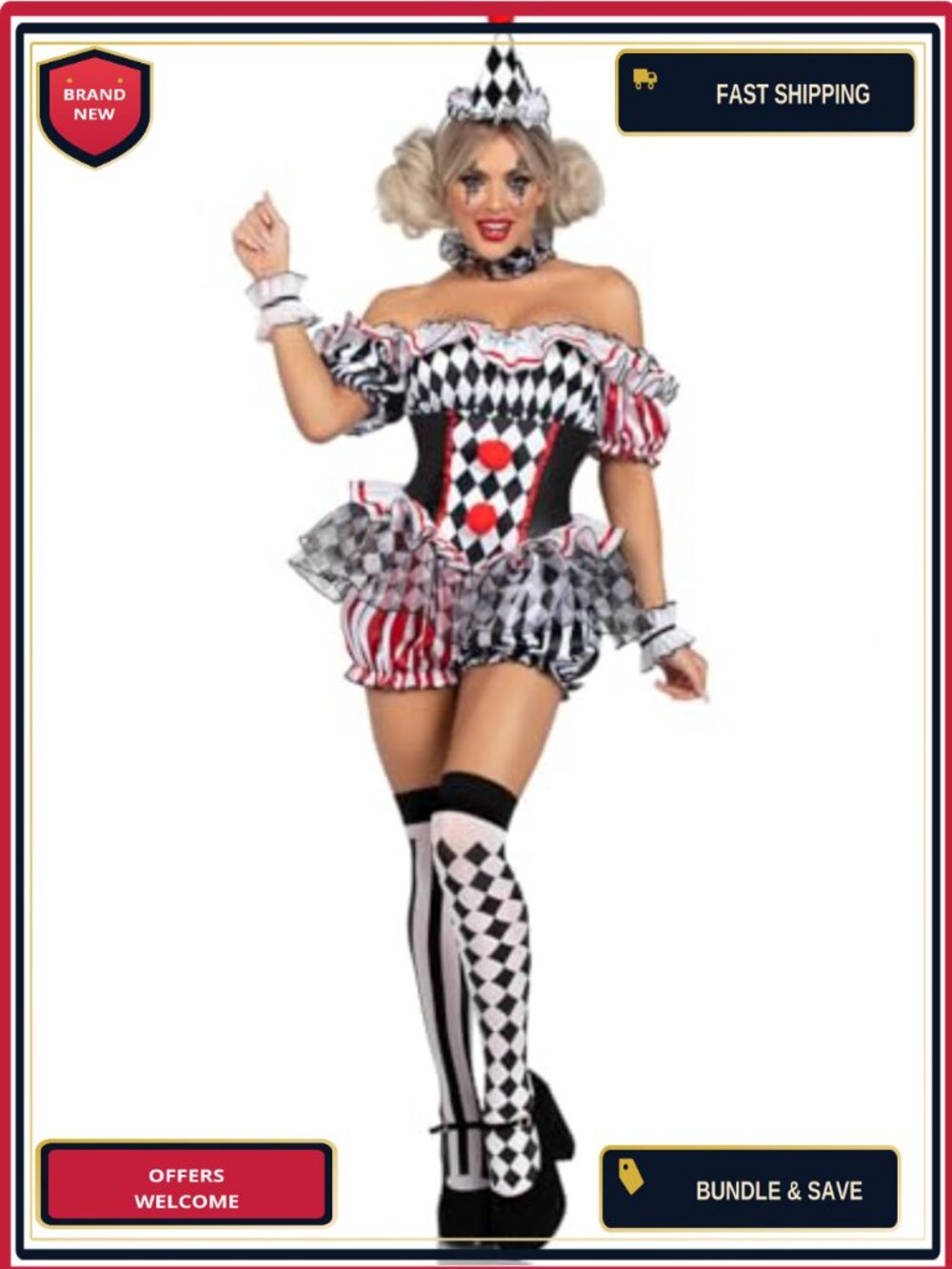 Clown Costume 5-Piece Jumpsuit Set Cosplay Halloween